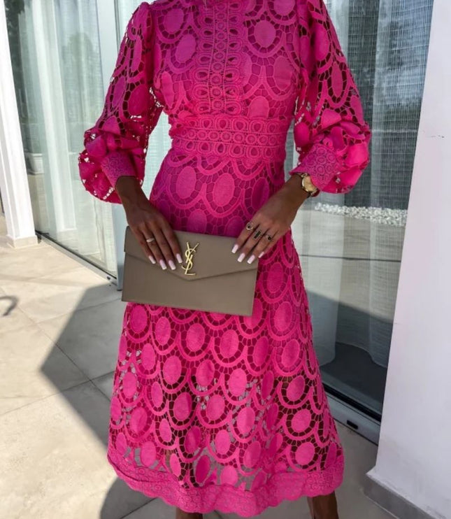 Women's Lace High-Neck A-Line Midi Dress