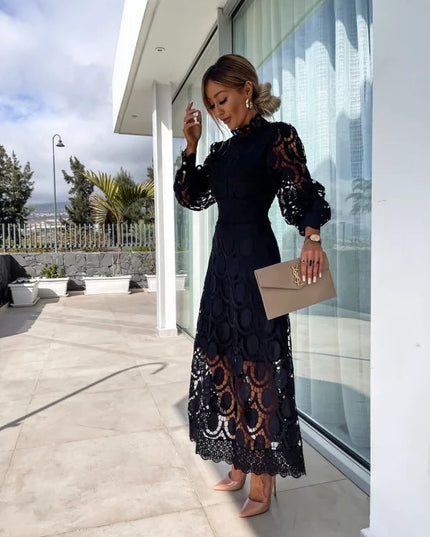Women's Lace High-Neck A-Line Midi Dress