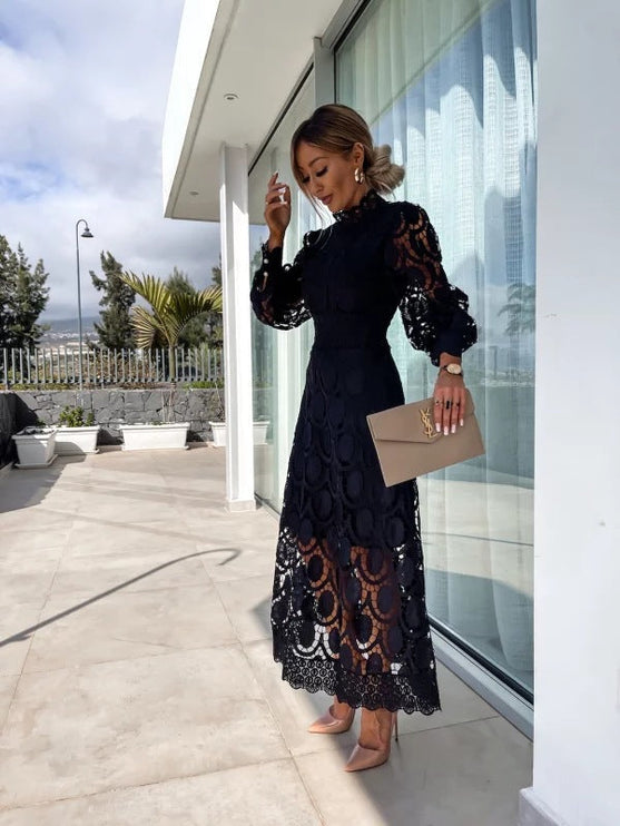 Women's Lace High-Neck A-Line Midi Dress