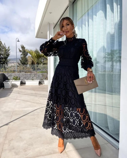 Women's Lace High-Neck A-Line Midi Dress