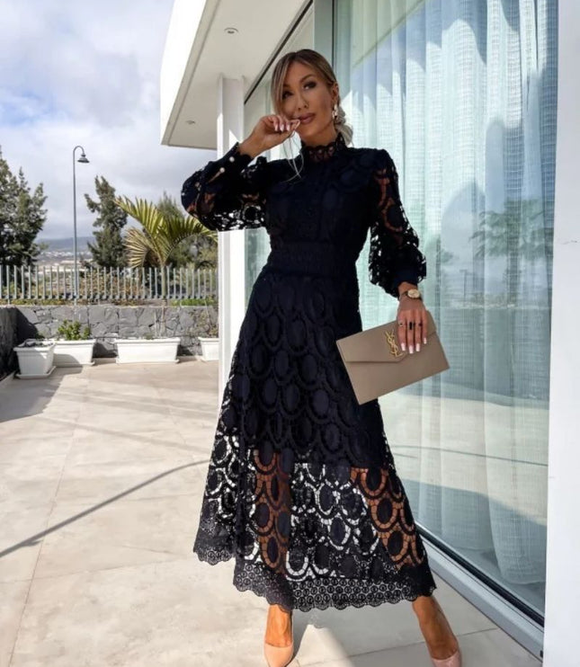 Women's Lace High-Neck A-Line Midi Dress