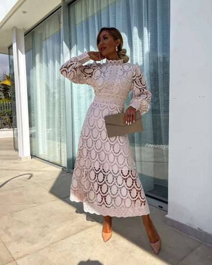 Women's Lace High-Neck A-Line Midi Dress