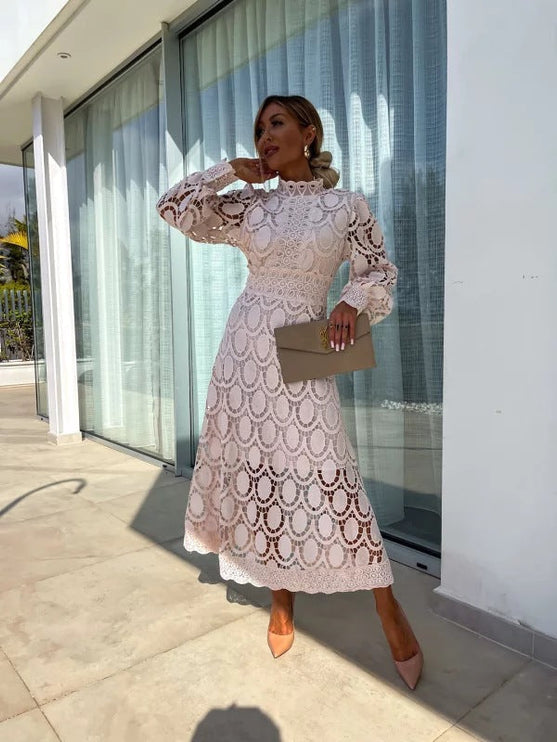 Women's Lace High-Neck A-Line Midi Dress
