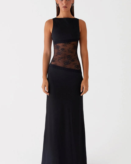 Front view of black sleeveless maxi dress with floral lace waist band