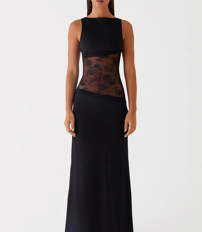 Front view of black sleeveless maxi dress with floral lace waist band
