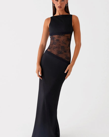 Black sleeveless maxi dress with sheer lace waist, front facing pose