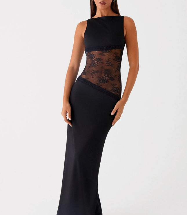 Black sleeveless maxi dress with sheer lace waist, front facing pose