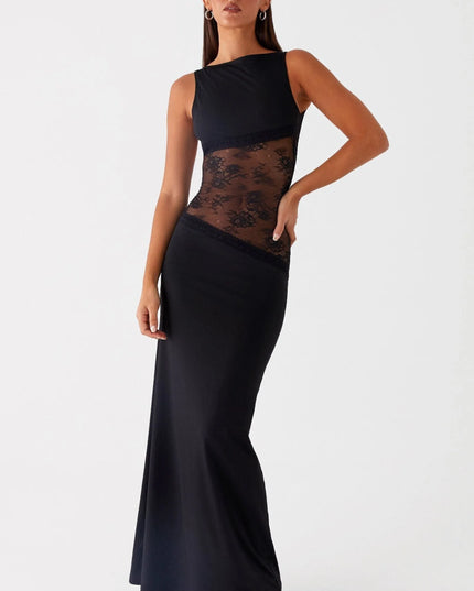 Black sleeveless maxi dress with lace waist detail, three-quarter view