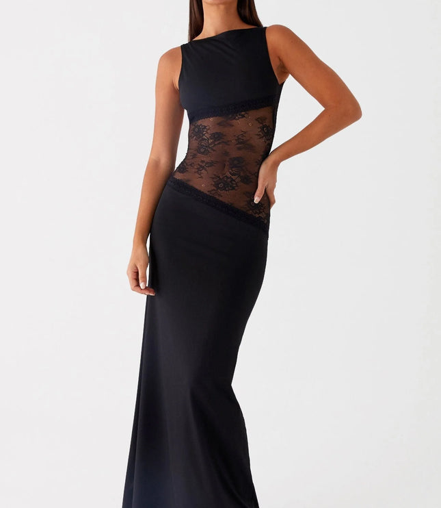 Black sleeveless maxi dress with lace waist detail, three-quarter view