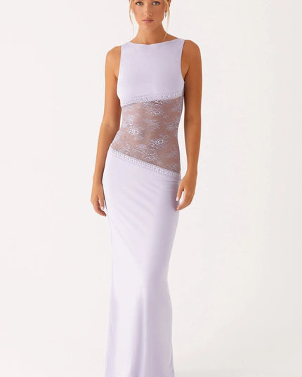 Lavender sleeveless maxi dress with white lace waist panel and trim