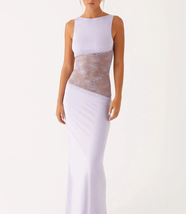 Lavender sleeveless maxi dress with white lace waist panel and trim