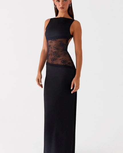 Black sleeveless maxi dress with sheer lace waist panel and solid bodice
