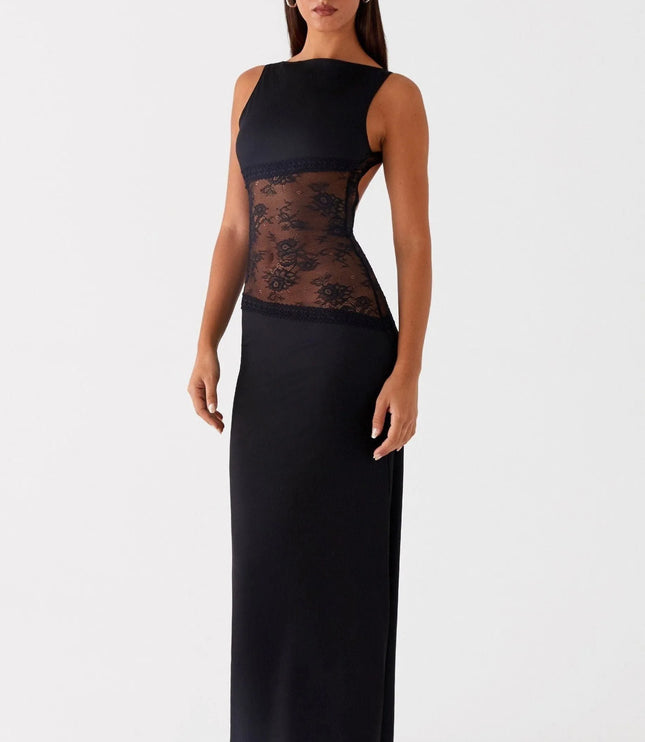 Black sleeveless maxi dress with sheer lace waist panel and solid bodice