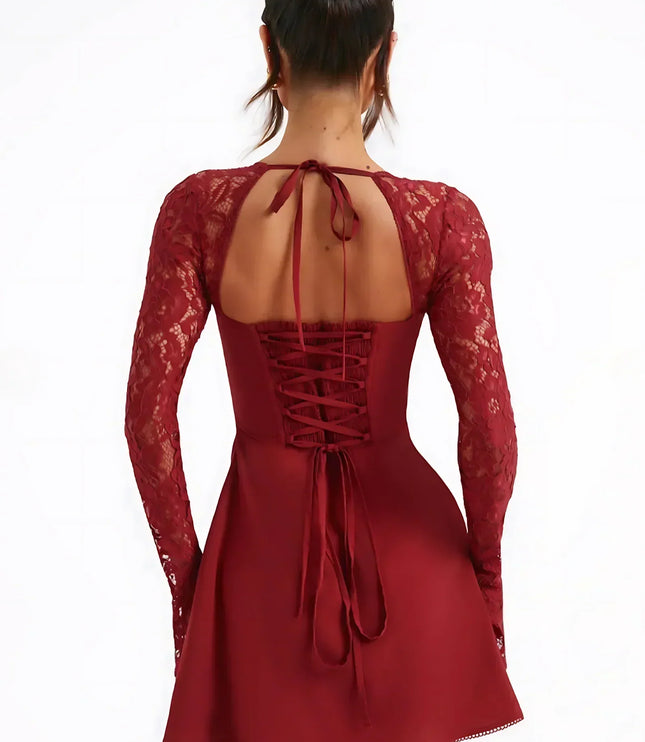 Women's Lace Square Neck Long Sleeve Wedding Guest Mini Dress
