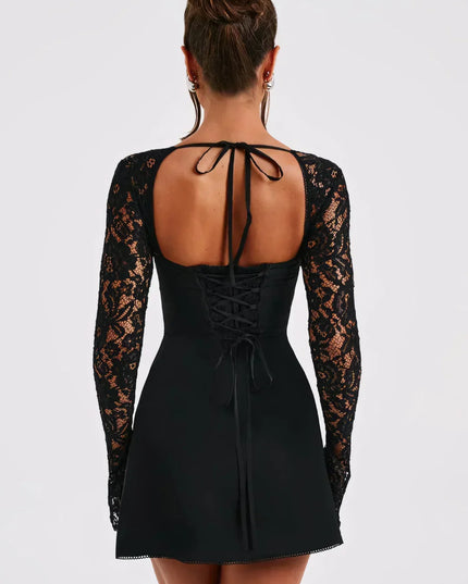 Women's Lace Square Neck Long Sleeve Wedding Guest Mini Dress