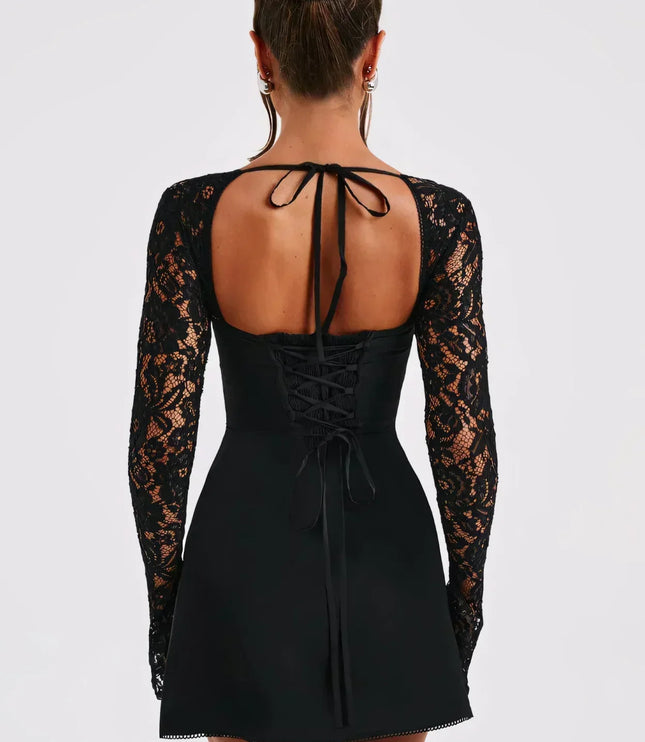 Women's Lace Square Neck Long Sleeve Wedding Guest Mini Dress