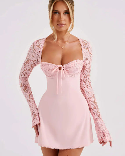 Women's Lace Square Neck Long Sleeve Wedding Guest Mini Dress