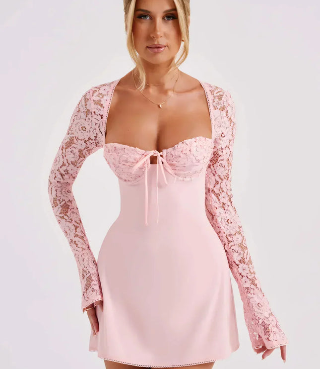 Women's Lace Square Neck Long Sleeve Wedding Guest Mini Dress