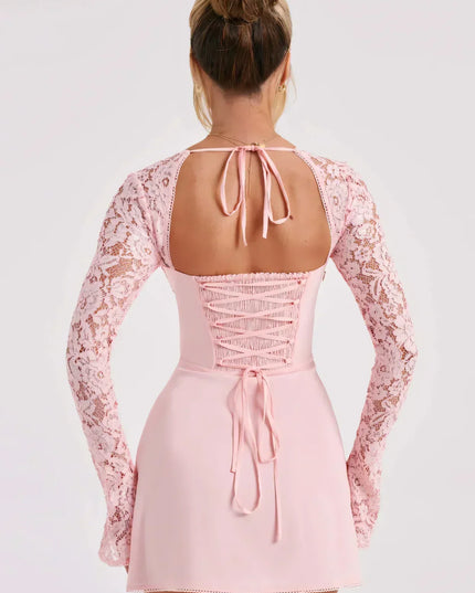 Women's Lace Square Neck Long Sleeve Wedding Guest Mini Dress