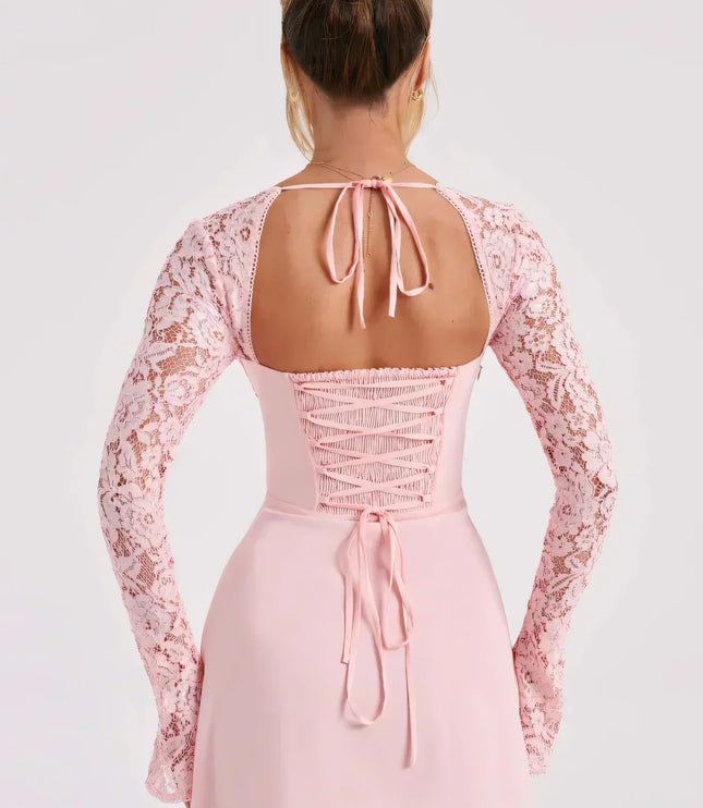 Women's Lace Square Neck Long Sleeve Wedding Guest Mini Dress