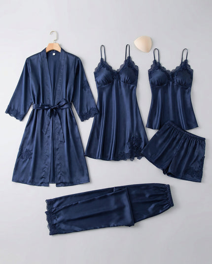 Women's Lace Trim Satin Five-Piece Lounge Set