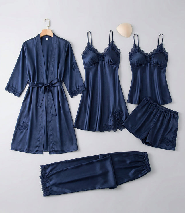 Women's Lace Trim Satin Five-Piece Lounge Set