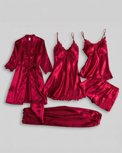 Women's Lace Trim Satin Five-Piece Lounge Set