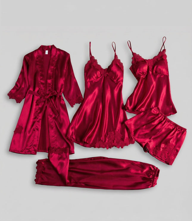 Women's Lace Trim Satin Five-Piece Lounge Set