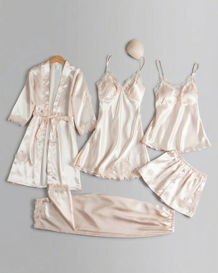 Women's Lace Trim Satin Five-Piece Lounge Set