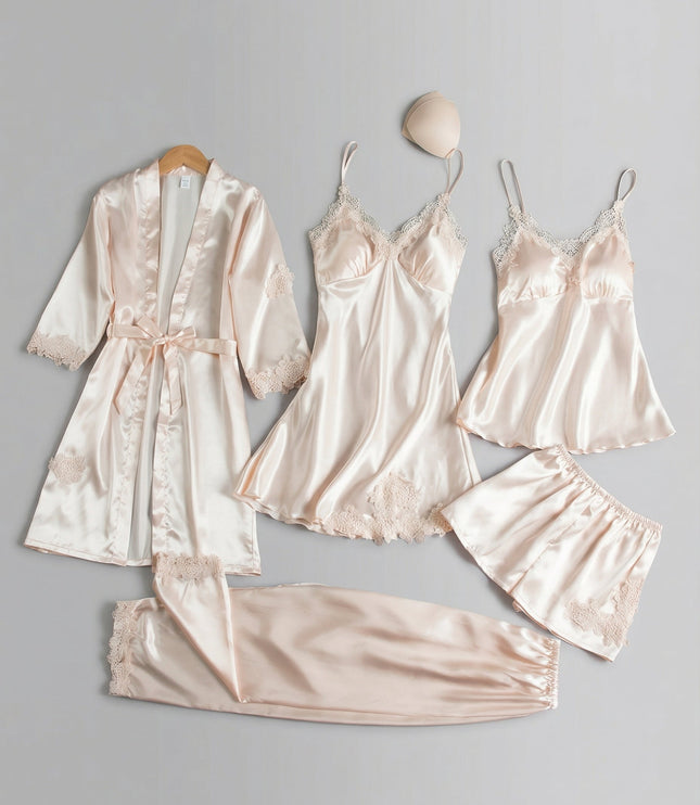 Women's Lace Trim Satin Five-Piece Lounge Set