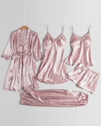 Women's Lace Trim Satin Five-Piece Lounge Set