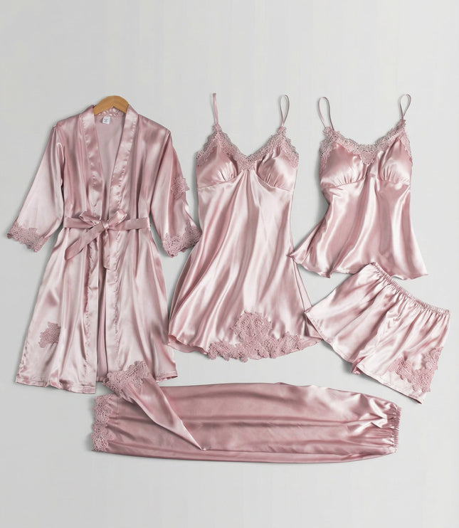 Women's Lace Trim Satin Five-Piece Lounge Set