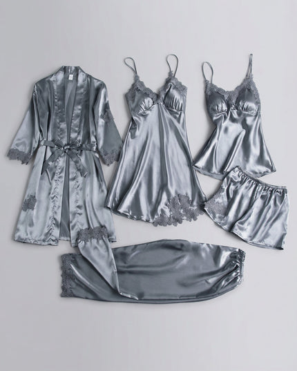 Women's Lace Trim Satin Five-Piece Lounge Set