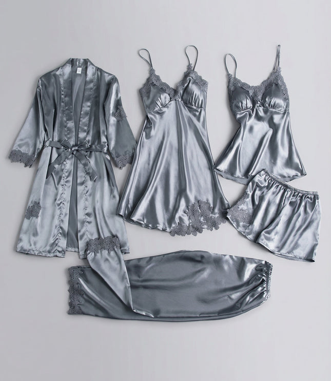 Women's Lace Trim Satin Five-Piece Lounge Set