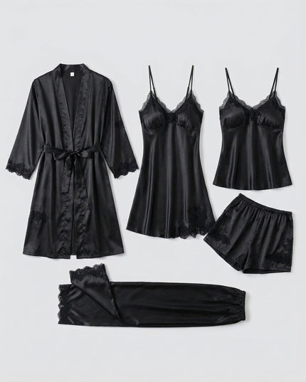 Women's Lace Trim Satin Five-Piece Lounge Set