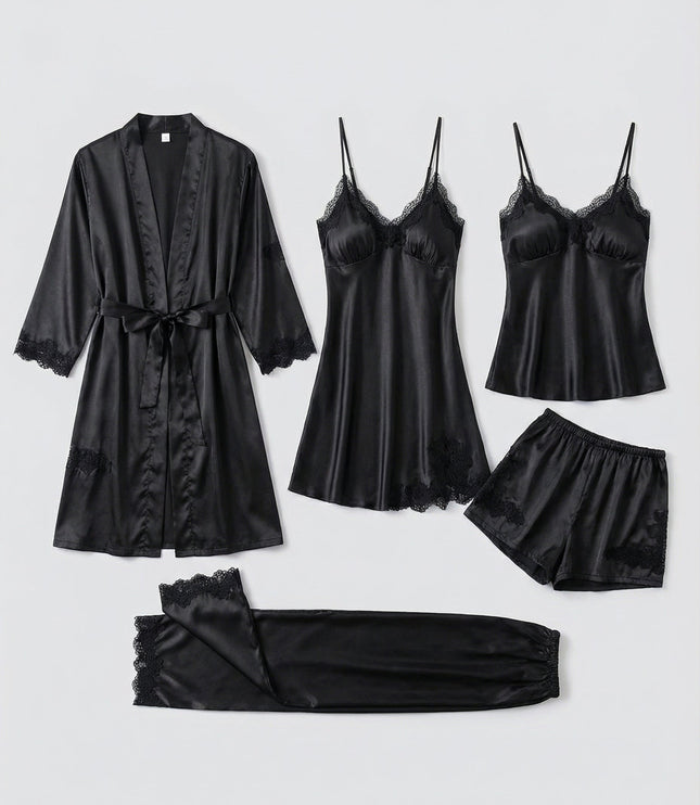 Women's Lace Trim Satin Five-Piece Lounge Set
