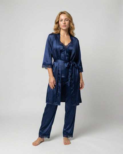 Women's Lace Trim Satin Five-Piece Lounge Set