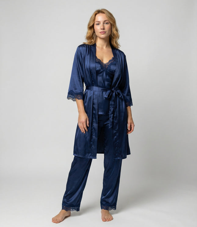 Women's Lace Trim Satin Five-Piece Lounge Set