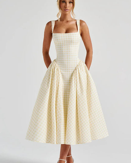 Cream gingham midi dress with fitted bodice and voluminous skirt front view