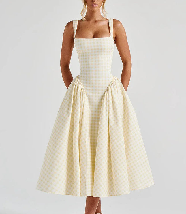Cream gingham midi dress with fitted bodice and voluminous skirt front view