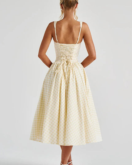 Cream gingham midi dress showing lace-up back closure and godet inserts back view