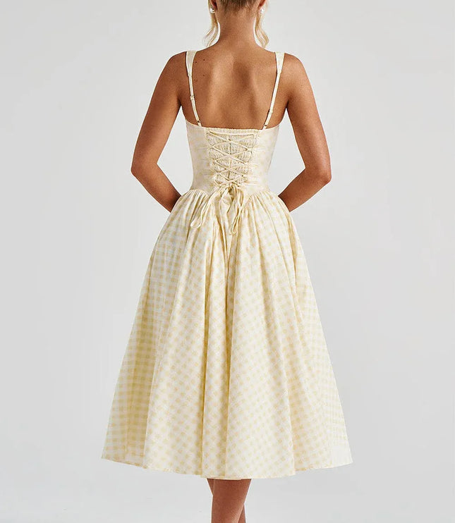 Cream gingham midi dress showing lace-up back closure and godet inserts back view