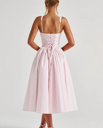 Pink gingham midi dress with functional lace-up back detail and flared hem back view