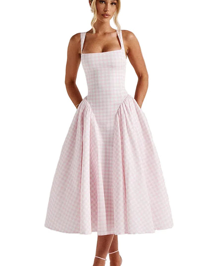 Pink gingham midi dress with square neckline and flared skirt front view