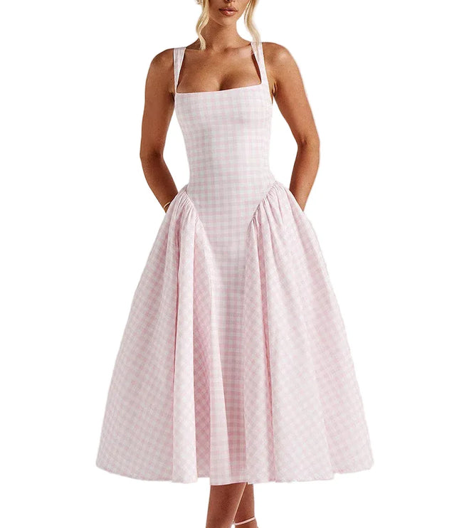 Pink gingham midi dress with square neckline and flared skirt front view
