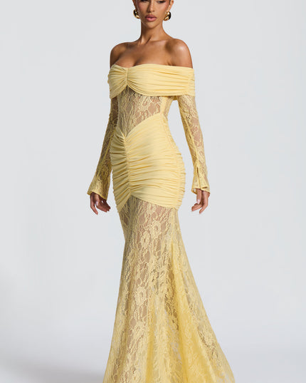 Women's Lemon Long Sleeve Ruched Flare Maxi Dress