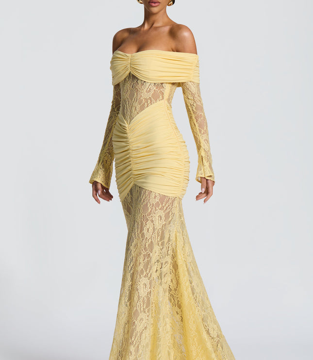 Women's Lemon Long Sleeve Ruched Flare Maxi Dress