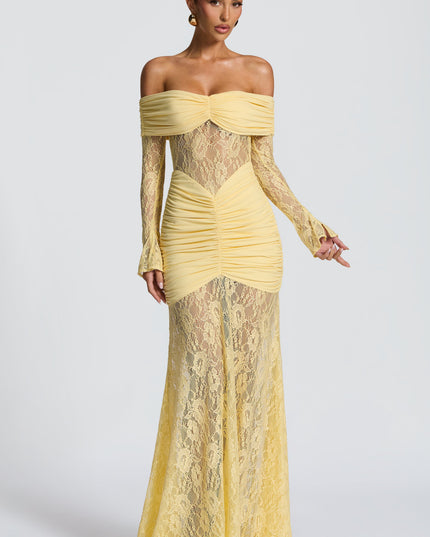 Women's Lemon Long Sleeve Ruched Flare Maxi Dress