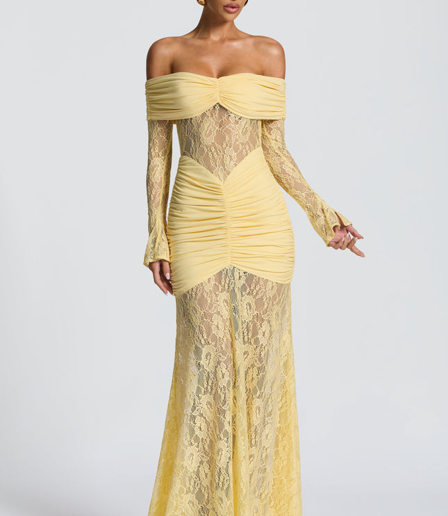 Women's Lemon Long Sleeve Ruched Flare Maxi Dress