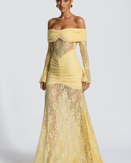 Women's Lemon Long Sleeve Ruched Flare Maxi Dress